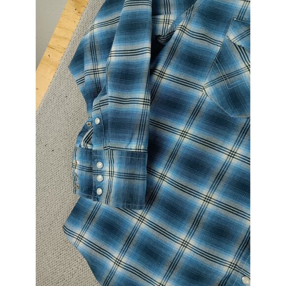 Wrangler Western Shirt Mens XL Blue Plaid Pearl Snap Rodeo Cowboy Twill - Picture 5 of 10